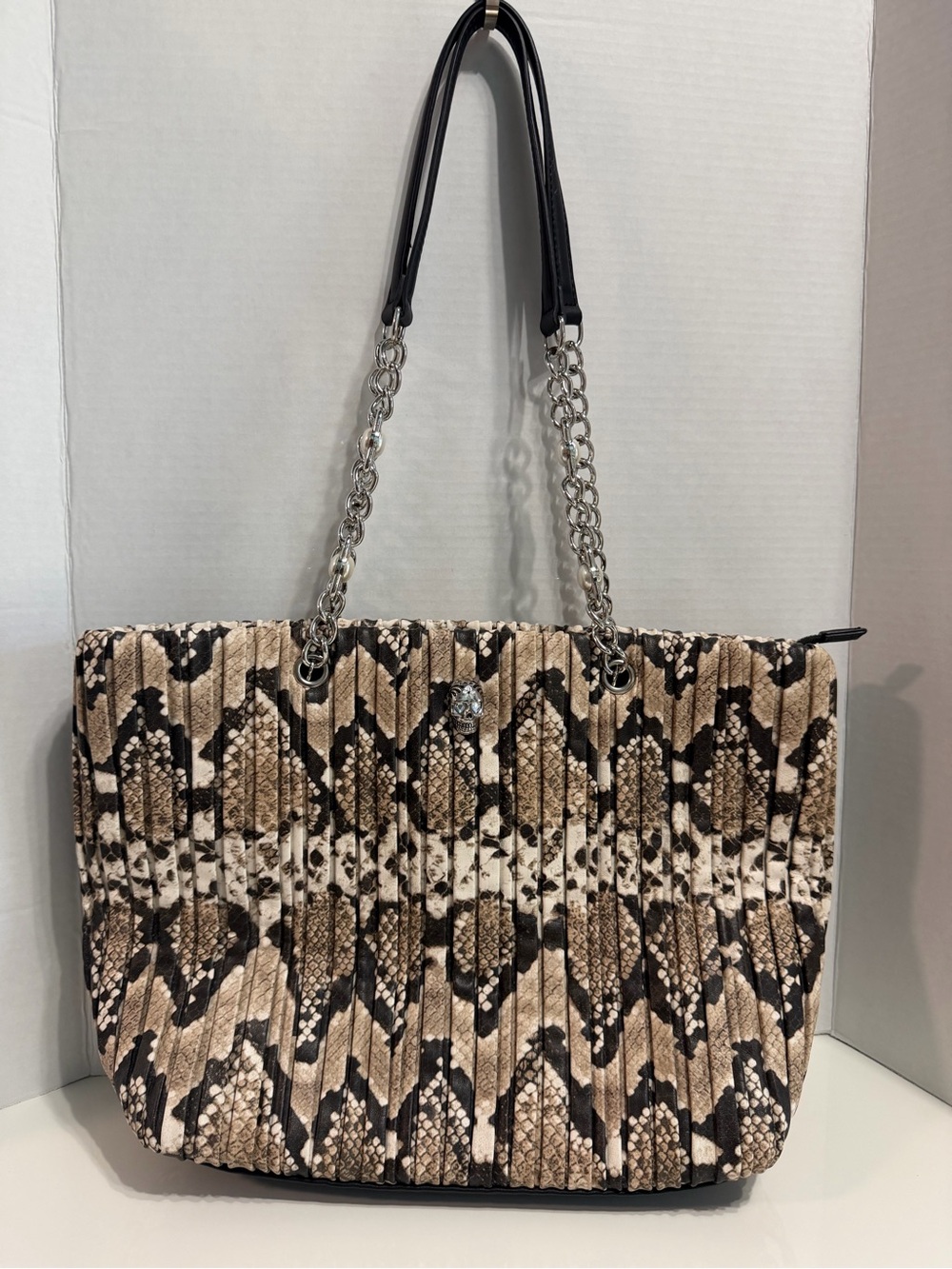 Betsey Johnson Beige and Black Snake-Print Quilted Tote with Chain Straps